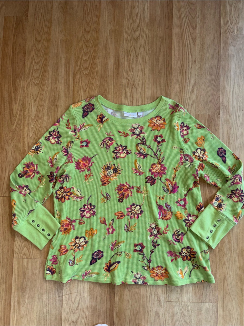 Belle Kim Gravel size 2X Green Floral Long Sleeve Waffle Knit Top shirt - Picture 10 of 12